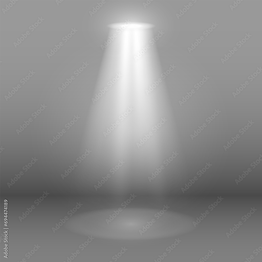 A spotlight with a bright white light illuminating the stage on a gray background. The effect of illumination from the projector. Vector illustration. A spotlight with a bright white light illuminating the stage on a gray background. The effect of illumination from the projector. Vector illustration.