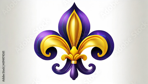  Vibrant gold and purple fleur-de-lis symbol against a white background, representing Mardi Gras celebration.