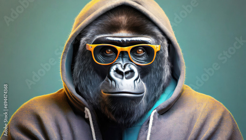 A stylized gorilla wearing a hoodie and orange glasses posing with a thoughtful expression on a teal background, conveying a quirky and contemporary vibe.