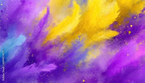 Abstract digital watercolor splash in vibrant Mardi Gras colors of purple and yellow with festive specks symbolizing celebration.