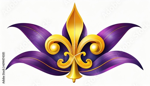  Vibrant gold and purple fleur-de-lis symbol against a white background, representing Mardi Gras celebration.