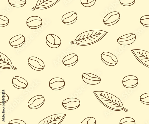 Coffee beans with leaf and plant, seamless vector background and pattern. Food, hot drink, beverage, cafes, coffee house and coffee shop, vector design and illustration