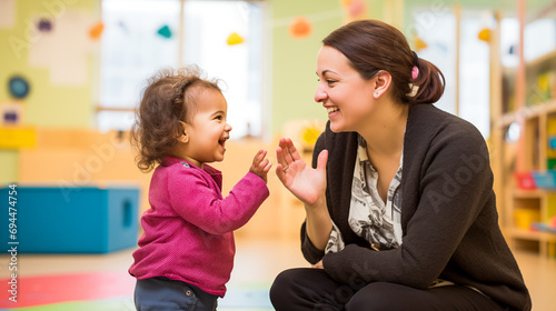 A dedicated assistante maternelle teaching sign language to infants and toddlers for better communication.