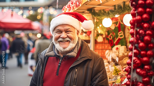 Vibrant street portrait of jovial holiday vendor wearing Santa hat. Market booth decorated for the season creates festive atmosphere. Perfect for conveying happy, seasonal vibes.
