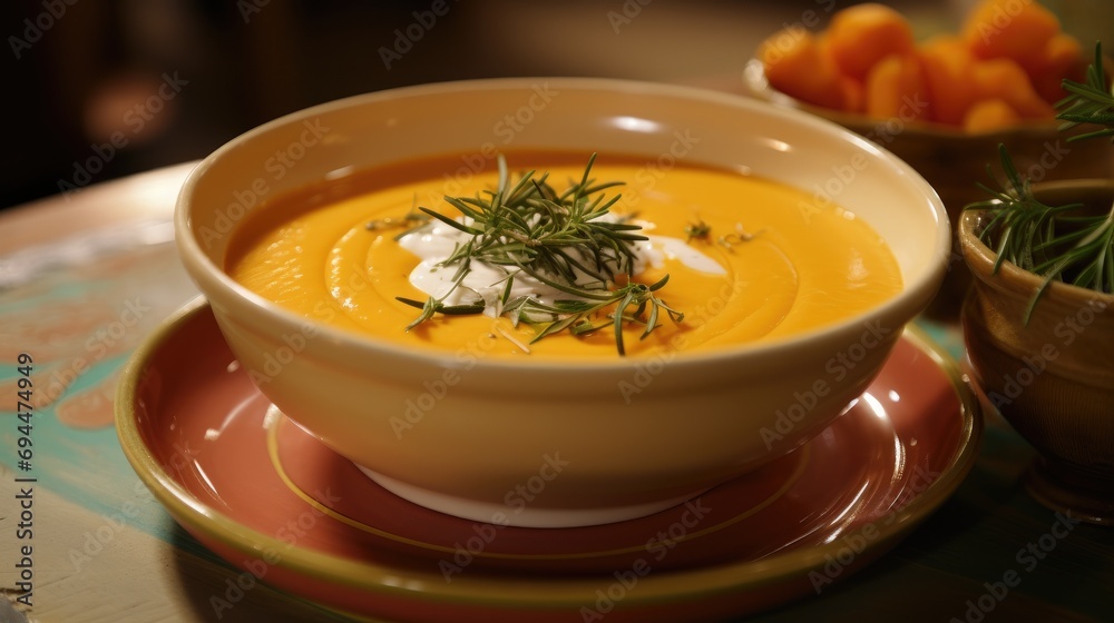 a bowl of pumpkin soup, topped with rosemary, sits on green vegetables a bowl of pumpkin soup, topped with rosemary, sits on green vegetables
