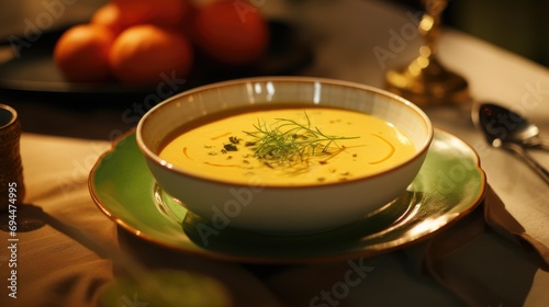 a bowl of pumpkin soup, topped with rosemary, sits on green vegetables