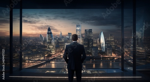 a businessman looking out over a city from a window