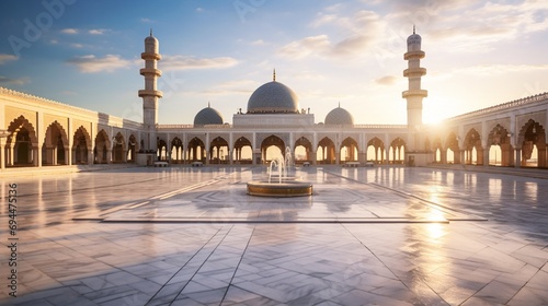 Expansive view of a mosque's courtyard with multiple mosaic podiums for events.