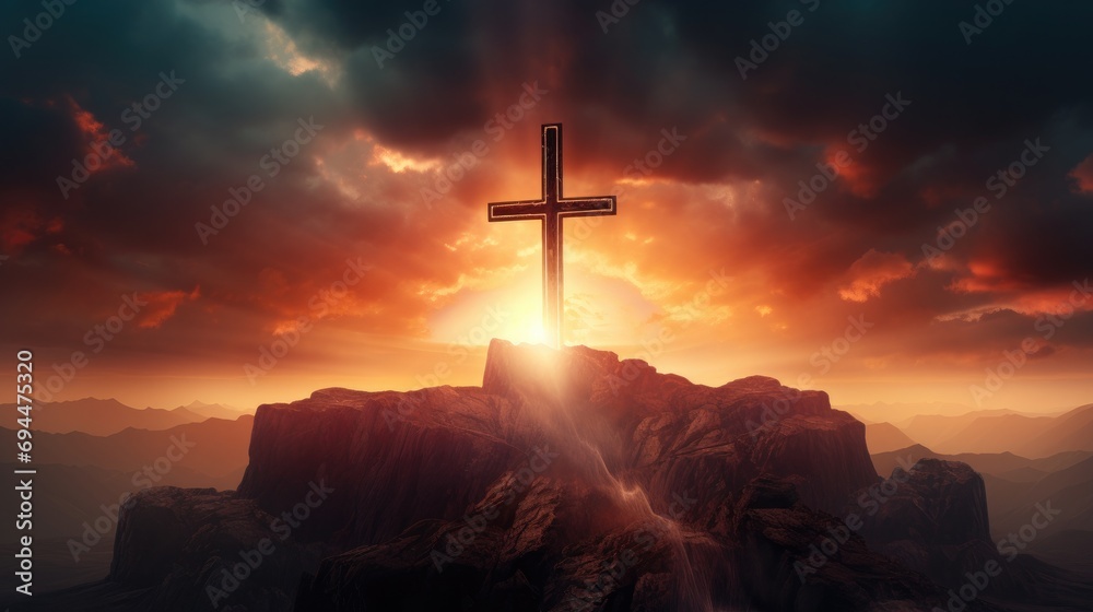 a cross on an island with clouds surrounding it and the sun behind it