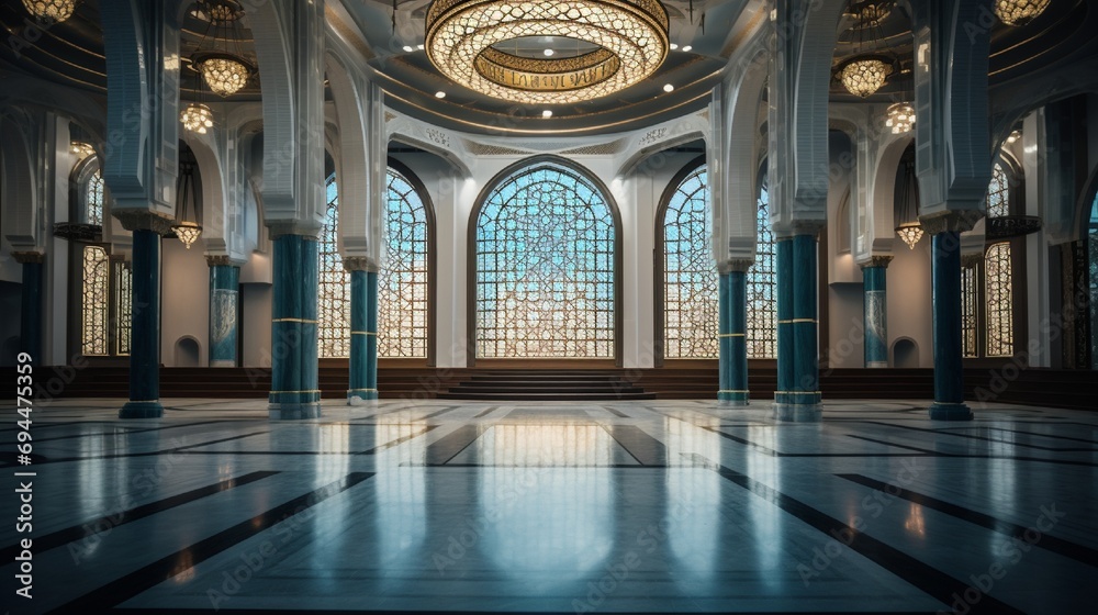 Expansive view of an Islamic cultural center's interior, focusing on a mosaic podium.