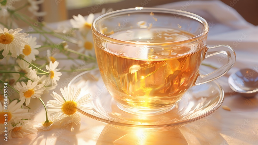 a cup of tea with chamomile in the background a cup of tea with chamomile in the background