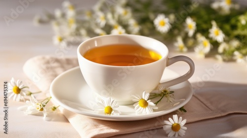 a cup of tea with chamomile in the background