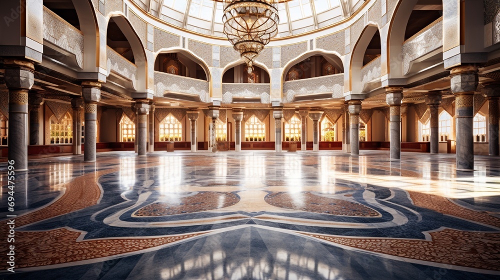 Expansive view of an Islamic cultural center's interior, focusing on the lively 3D mosaic podium.