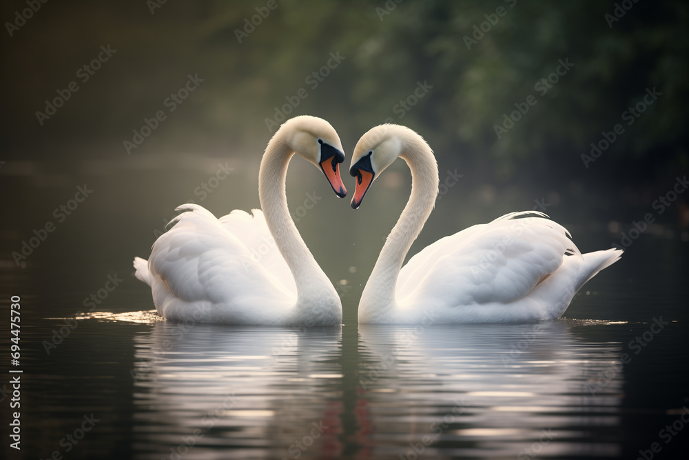 Obraz premium swans kiss, pair of white swans on the lake, love and trust birds, romantic kiss of birds, generative ai