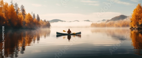 a man kayaking in an autumn colored lake