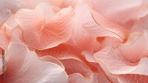 Abstrakter Hintergrund in Nahaufnahme mit blass rosa orangen Blüten, zarten Golddetails, Wellenlinien und organischen Formen