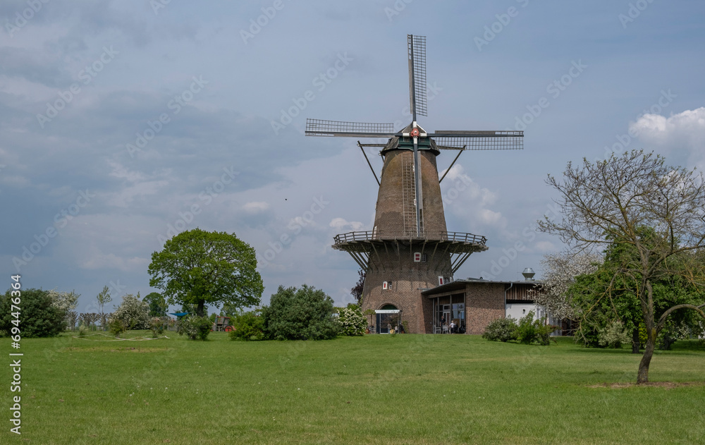 Old windmill in the park against the background of trees and fields	
