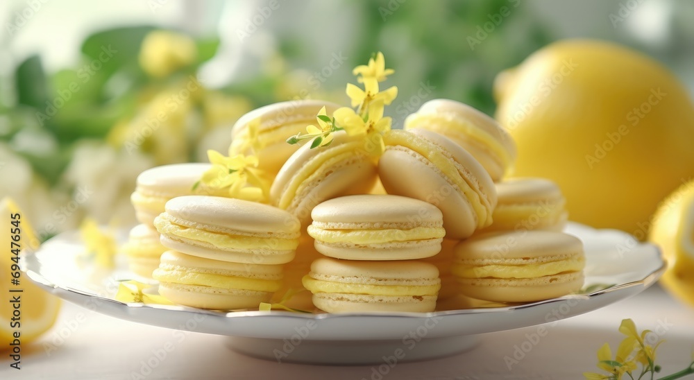 a plate filled with macarons next to lemon flowers a plate filled with macarons next to lemon flowers