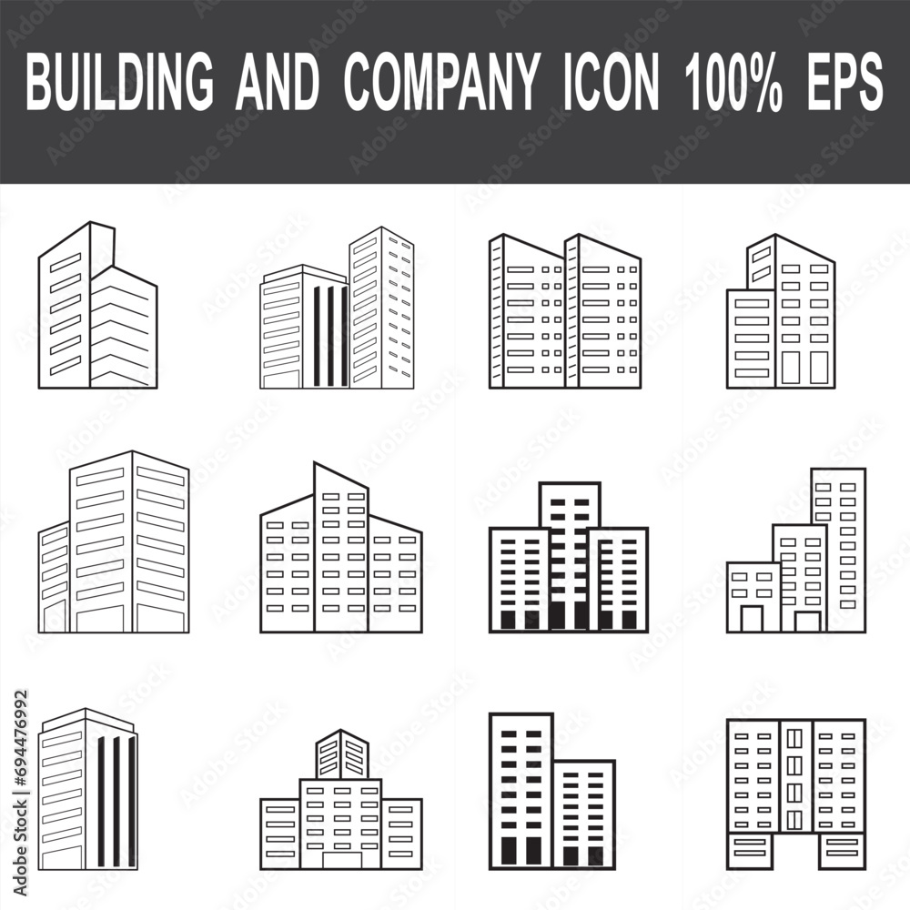 Buildings icon and company line icon set. Set of building icons. City, Real estate, Architecture buildings, Hospital, town house, museum icons. vector illustration.