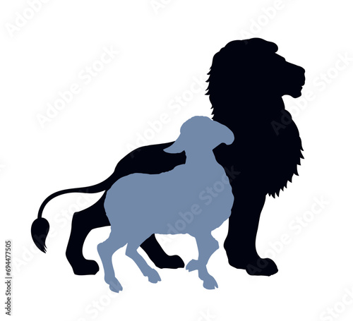 Vector drawing. Lion and lamb walks together