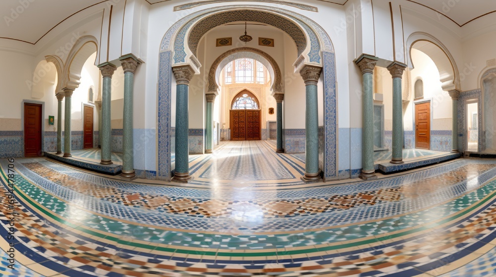 Obraz premium Panoramic view of a mosque's entrance with an artistically crafted and vivid 3D mosaic podium.