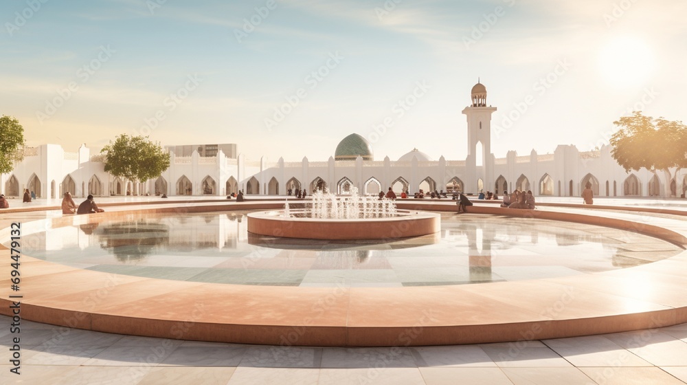 Panoramic view of an open-air Islamic gathering space with a lively 3D mosaic podium.