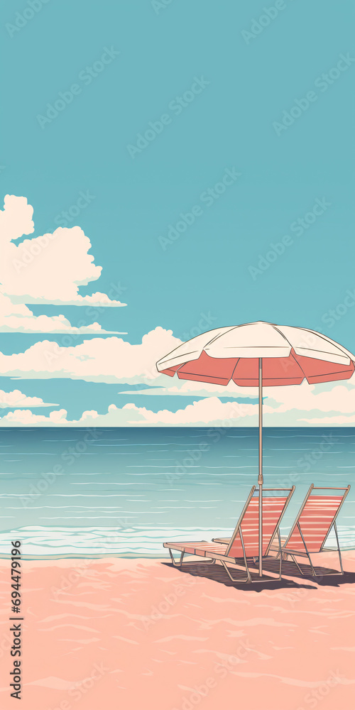 Naklejka premium Beach Bliss: Sun, Sand, and Umbrella Serenity, AI Generative