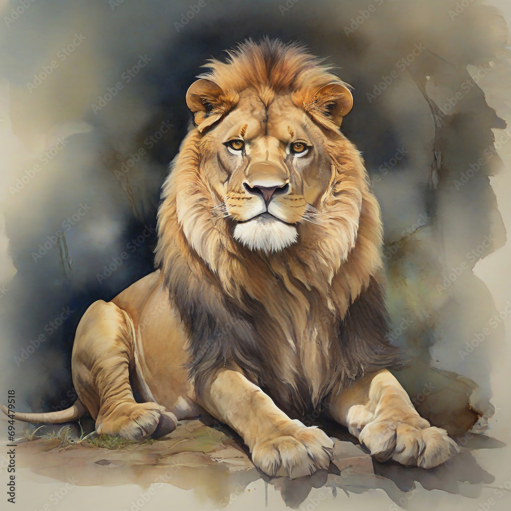 Obraz premium Big lion close-up in Savannah ,watercolor style