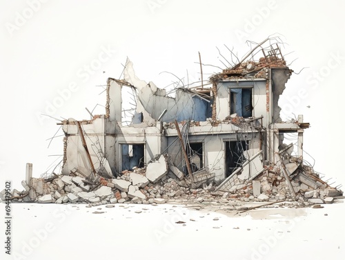 Closeup of a destroyed and ruined building, white background. House damaged by war or a tornado. Demolished architectural construction 