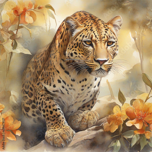 leopard in close-up sitting in the bushes in ambush hunting antelope   watercolor style