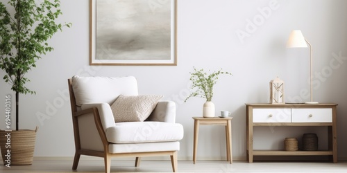 Harmonized living room with white commode  armchair  coffee table  poster frame  side table  decoration and personal accessories. Creative home decor.