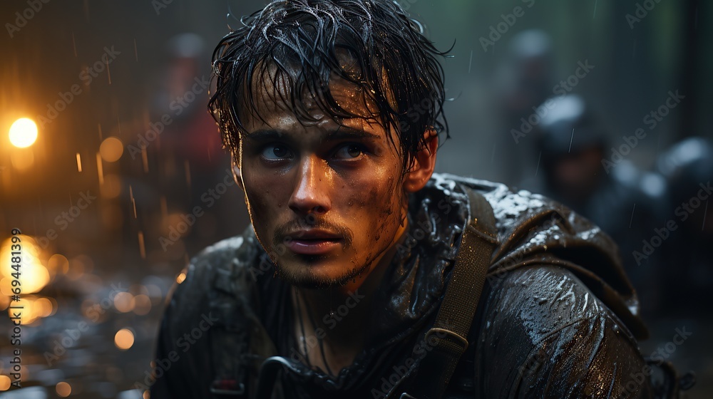 Intense, young soldier's face, rain-soaked and gritty determination Intense, young soldier's face, rain-soaked and gritty determination