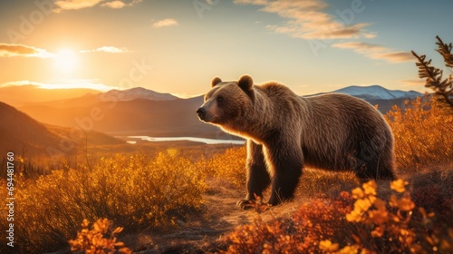  a large brown bear standing on top of a lush green field next to a forest filled with yellow and orange flowers.