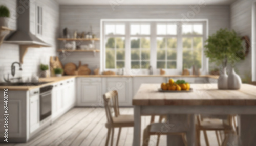 Blurry out of focus background of a bright farmhouse home white kitchen with wooden details and tabletop. ai generated