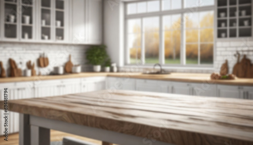 Blurry out of focus background of a bright farmhouse home white kitchen with wooden details and tabletop. ai generated © Laura