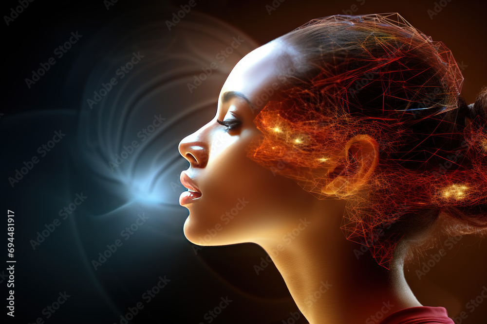 Obraz premium Illustration of a side profile of a woman thinking about universe and her head transforms into it. 