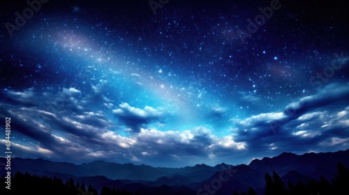  a night sky filled with stars and clouds with mountains and trees in the foreground and a blue sky filled with stars and clouds.