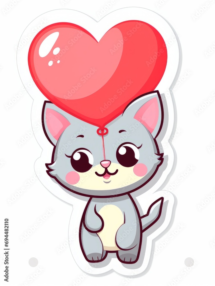 Cartoon sticker cute kitten with red balloon, AI