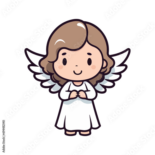 Vector Illustration of a charming angel with brown hair and white wings, radiating a calm aura