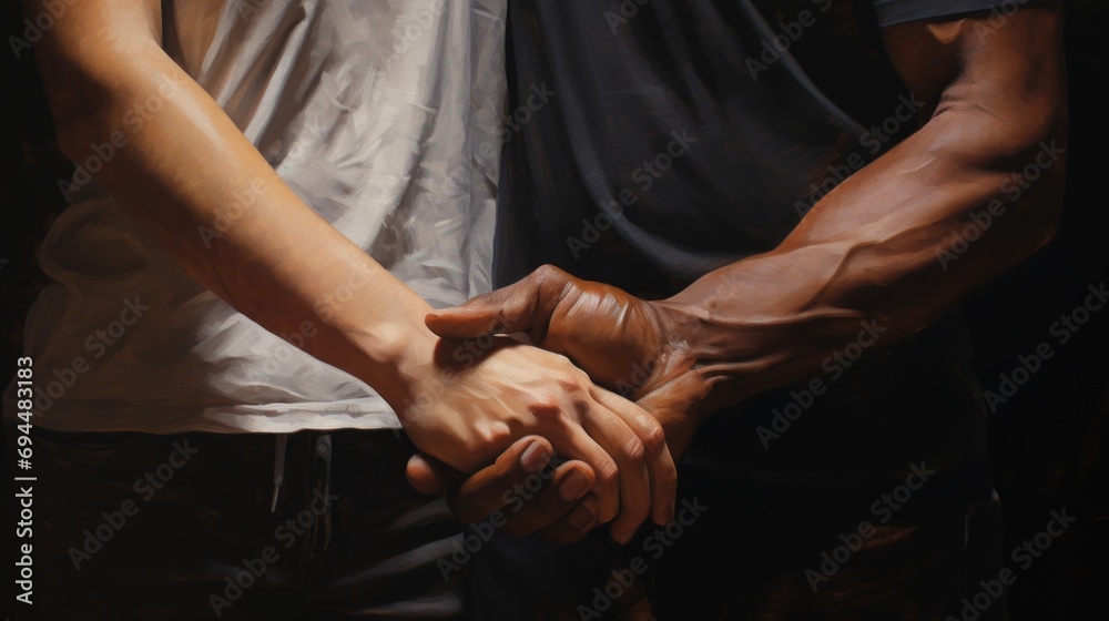  a painting of a man and a woman holding each other's hands with their arms wrapped around each other.