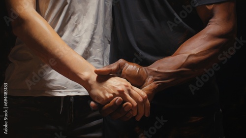  a painting of a man and a woman holding each other's hands with their arms wrapped around each other.
