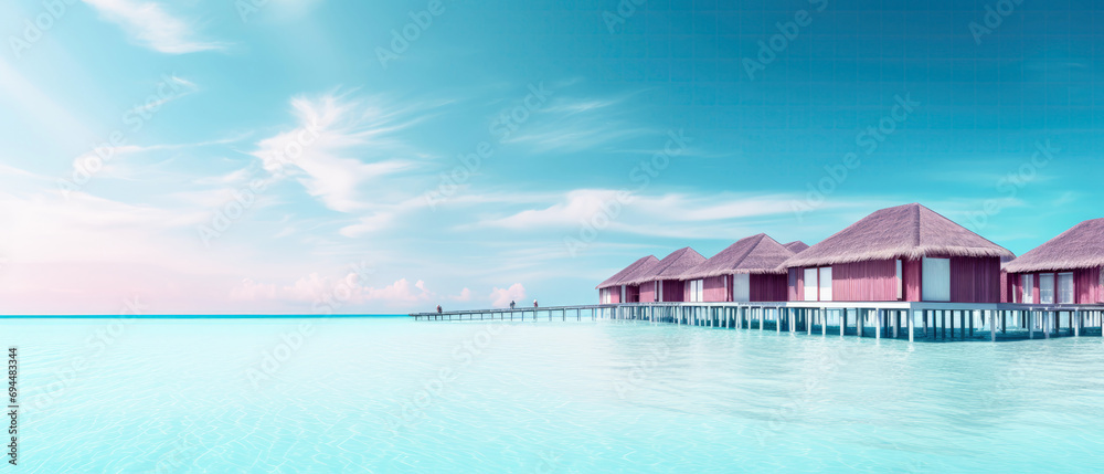 tropical minimalist mockup. Luxury panoramic view at exotic resort on turquoise seascape background. Bungalow, villas on beautiful beach on the ocean. Spa, leisure, concept. Generative ai