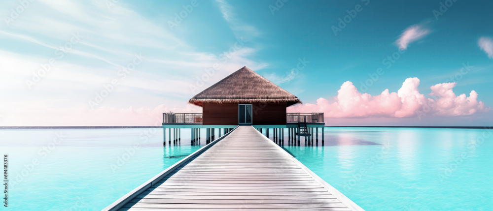 tropical minimalist mockup. Luxury panoramic view at exotic resort on turquoise seascape background. Bungalow, villas on beautiful beach on the ocean. Spa, leisure, concept. Generative ai - obrazy, fototapety, plakaty 