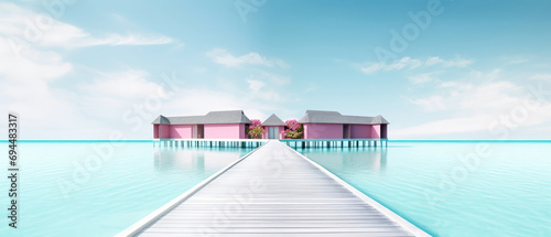 tropical minimalist mockup. Luxury panoramic view at exotic resort on turquoise seascape background. Bungalow, villas on beautiful beach on the ocean. Spa, leisure, concept. Generative ai © Inai