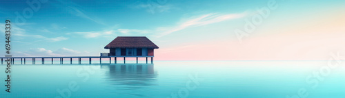 tropical minimalist mockup. Luxury panoramic view at exotic resort on turquoise seascape background. Bungalow, villas on beautiful beach on the ocean. Spa, leisure, concept. Generative ai © Inai