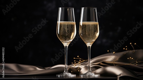  two glasses of champagne sitting next to each other on a table with a cloth and a gold decoration on it.