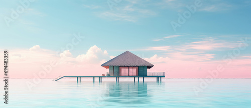 tropical minimalist mockup. Luxury panoramic view at exotic resort on turquoise seascape background. Bungalow, villas on beautiful beach on the ocean. Spa, leisure, concept. Generative ai