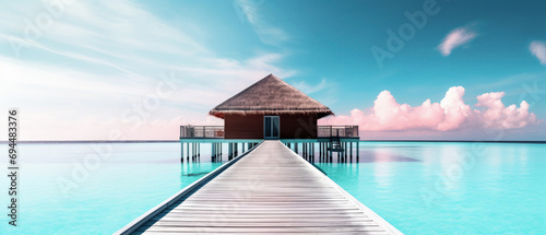 tropical minimalist mockup. Luxury panoramic view at exotic resort on turquoise seascape background. Bungalow, villas on beautiful beach on the ocean. Spa, leisure, concept. Generative ai photo
