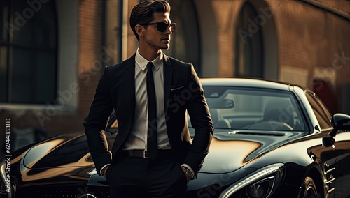 A sophisticated man in a stylish black suit and glasses, elegantly retrieves bags from his luxurious black car.