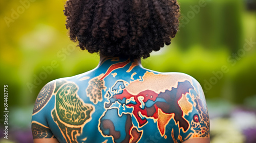A world map painted on a woman's back, highlighting the concept of global travel and connectivity.